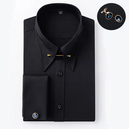 Camisa Social Masculina de Manga Longa com Abotoaduras Francesas Bordadas e Gola Grande, Sem Gravata, para Negócios e Ocasiões Formais