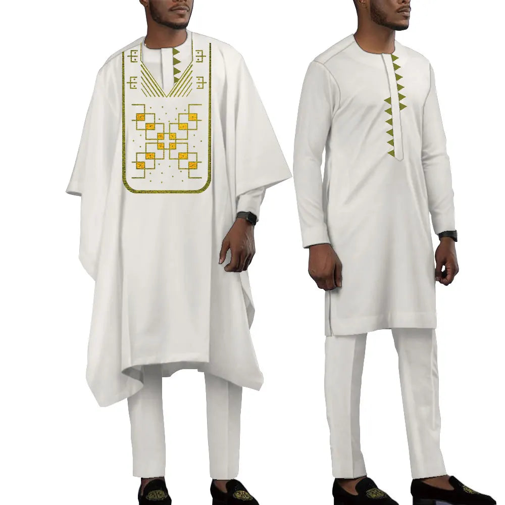 Terno bordado de manga comprida africano masculino, calças e blusões casuais empresariais Dashiki, conjunto de 3 peças, WYN1643