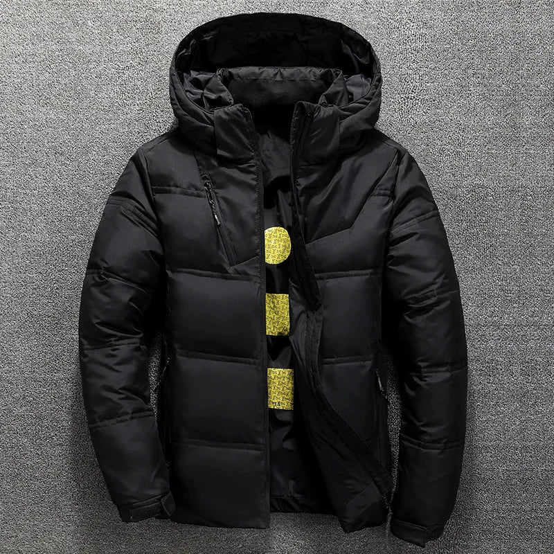 Pato branco para baixo jaqueta masculina inverno casaco à prova de vento removível boné parkas cor sólida ao ar livre casual com capuz roupas