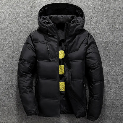 Pato branco para baixo jaqueta masculina inverno casaco à prova de vento removível boné parkas cor sólida ao ar livre casual com capuz roupas