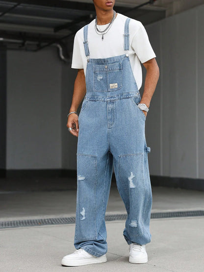 Macacão de Trabalho Masculino Estilo Vintage, Jeans Solto, Rasgado e Desgastado, Perna Larga
