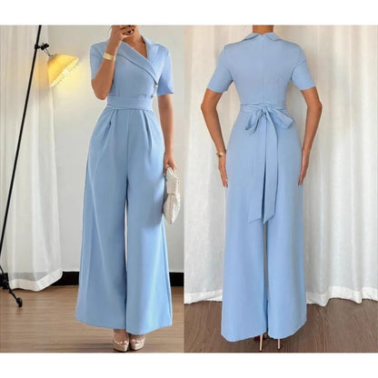 Macacão Feminino Azul Elegante 2026 Primavera Verão com Cinto na Cintura, Ajuste Fino, Estilo Casual, Manga Três Quartos, Calça Conjugada