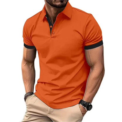 Camisa polo masculina de manga curta, corte slim casual, com blocos de cores, estilo inglês streetwear. Moda masculina.