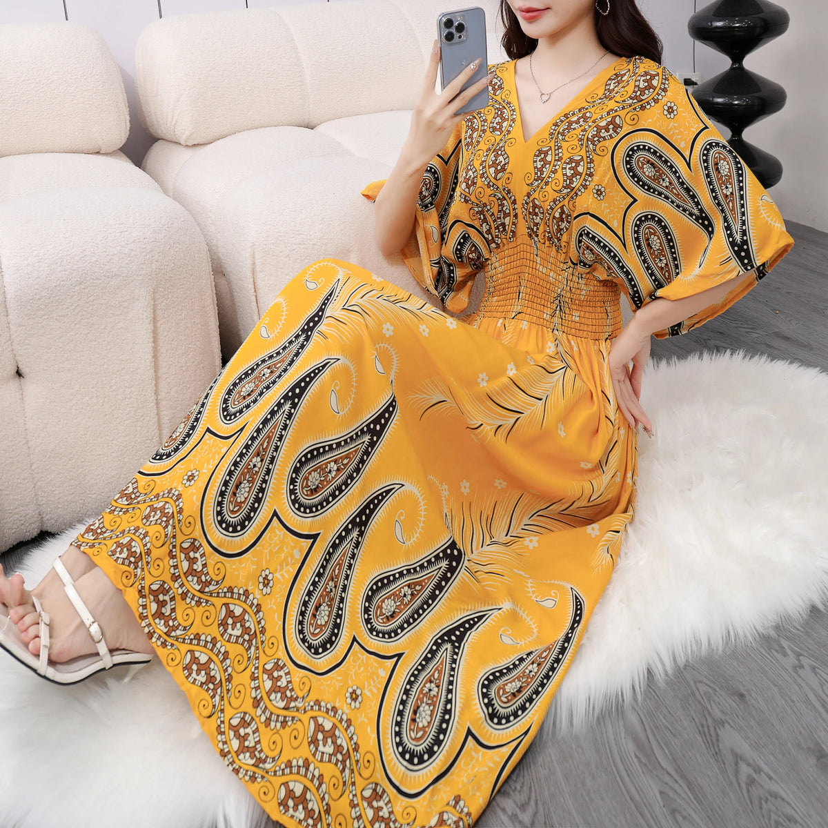 Flor colorida com decote em v elástico jovem boêmio doce midi vestido mulher roupas chique moda vestidos de verão 2025 grande balanço esqui