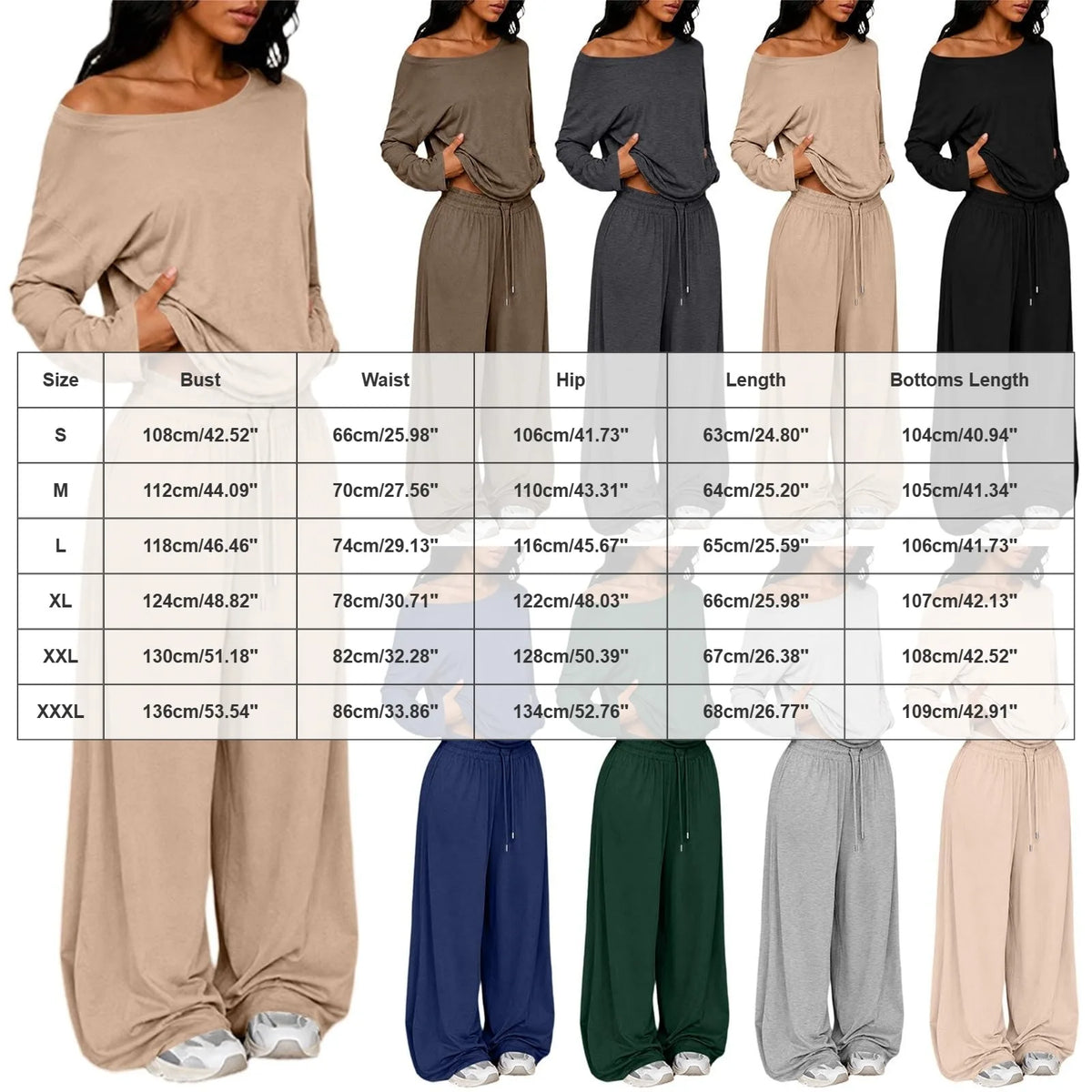 Conjunto Feminino de 2 Peças: Blusa Ombro a Ombro de Manga Longa Solta e Calça Pantalona com Cordão e Bolsos – Macio e Casual