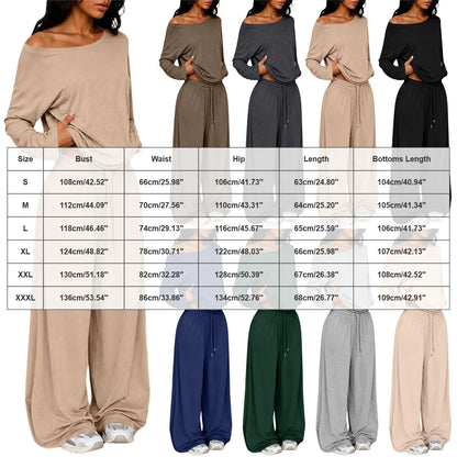 Conjunto Feminino de 2 Peças: Blusa Ombro a Ombro de Manga Longa Solta e Calça Pantalona com Cordão e Bolsos – Macio e Casual
