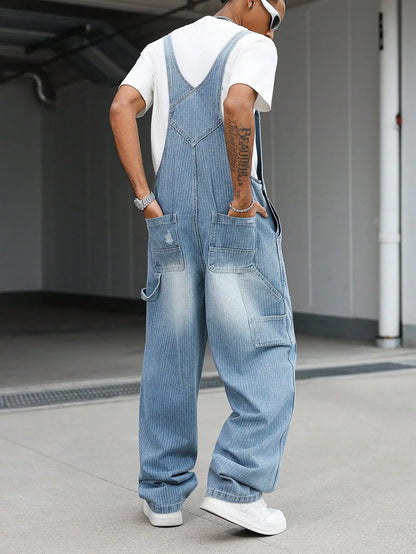 Macacão de Trabalho Masculino Estilo Vintage, Jeans Solto, Rasgado e Desgastado, Perna Larga