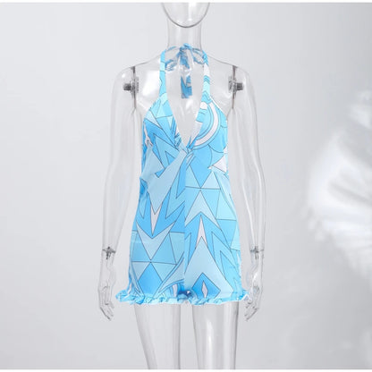 Vestido Feminino Estampado Mini Sem Costas Halter Cintura Alta com Saia Evasê Modeladora Casual Moderno Estilo Urbano