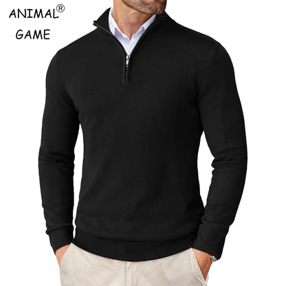 Suéter masculino com zíper de quarto, slim fit, leve, gola simulada, pulôver casual, meia gola alta, malha ao ar livre, streetwear