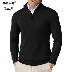 Suéter masculino com zíper de quarto, slim fit, leve, gola simulada, pulôver casual, meia gola alta, malha ao ar livre, streetwear