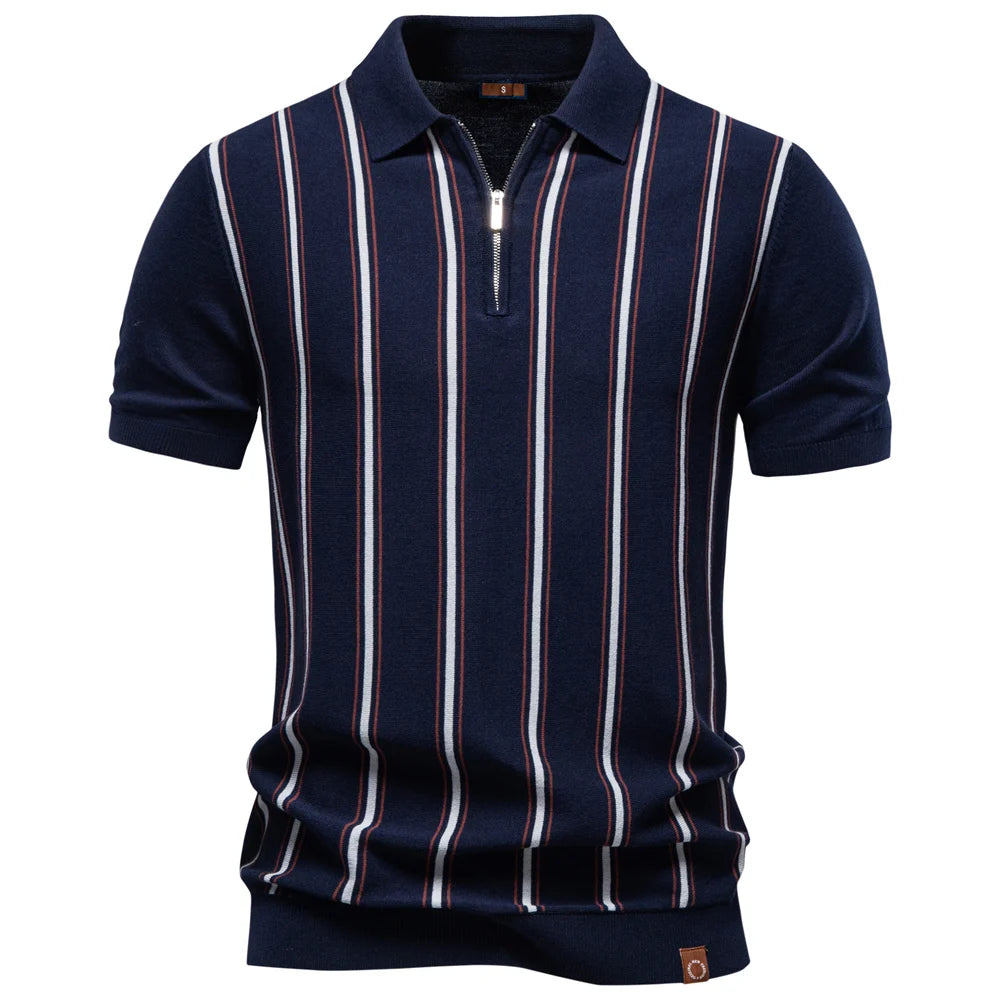 AIOPESON Men's Stripe Polo Shirt Old Money Style Short Sleeve Soft Breathable Casual Elegant Fabric for Comfortable Wear