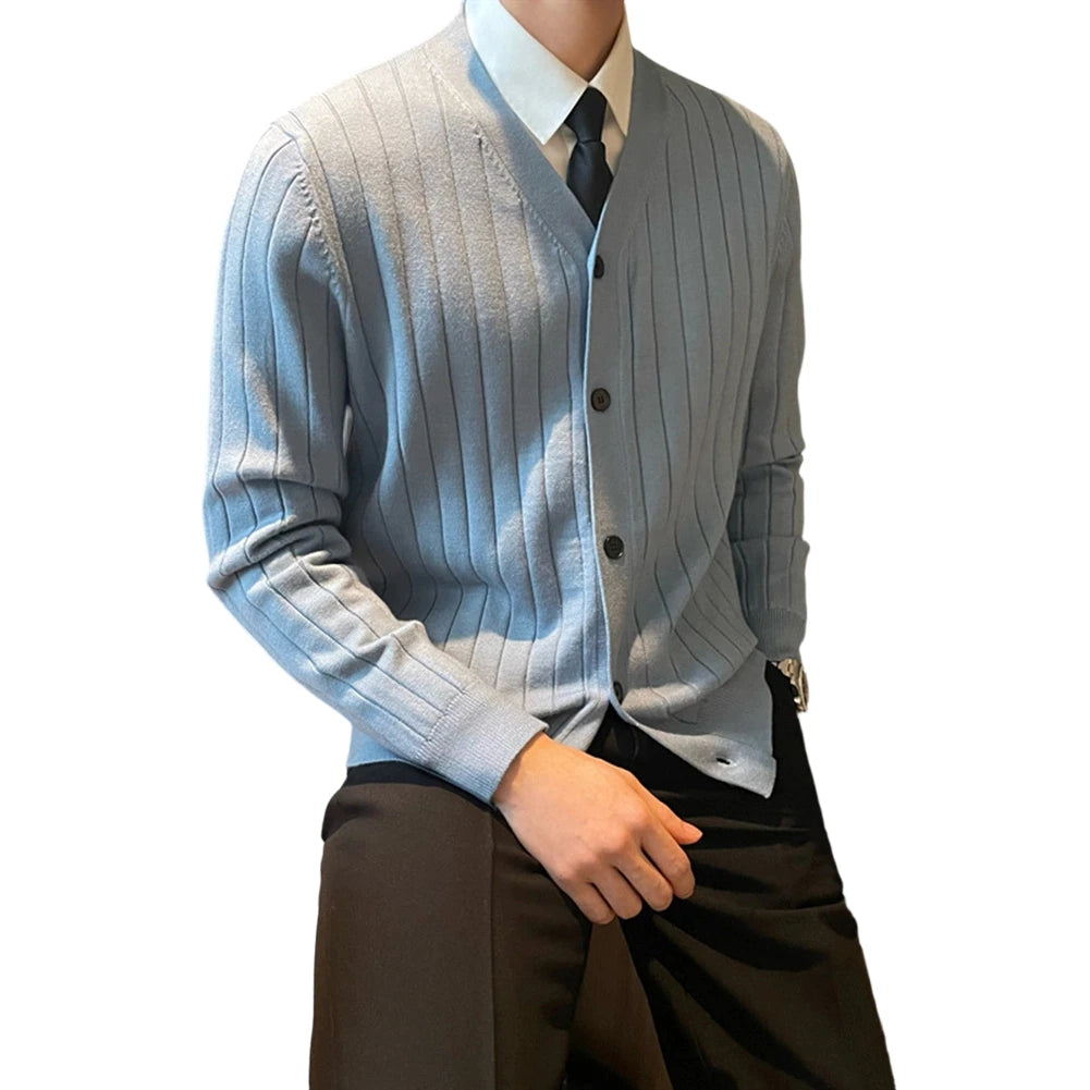 Cardigã Masculino de Tricô com Gola V e Botões, Casual e Simples, para Negócios e Uso Doméstico, Outono