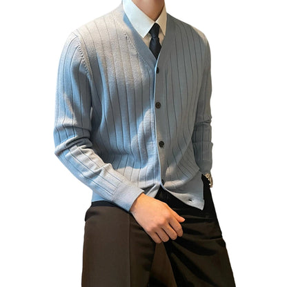 Cardigã Masculino de Tricô com Gola V e Botões, Casual e Simples, para Negócios e Uso Doméstico, Outono