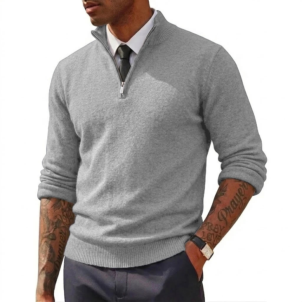 Novos Suéteres Masculinos com Zíper na Gola, Slim Fit, Leves, Gola Alta, Pulôver Casual com Zíper, Suéteres Polo de Manga Longa, Streetwear