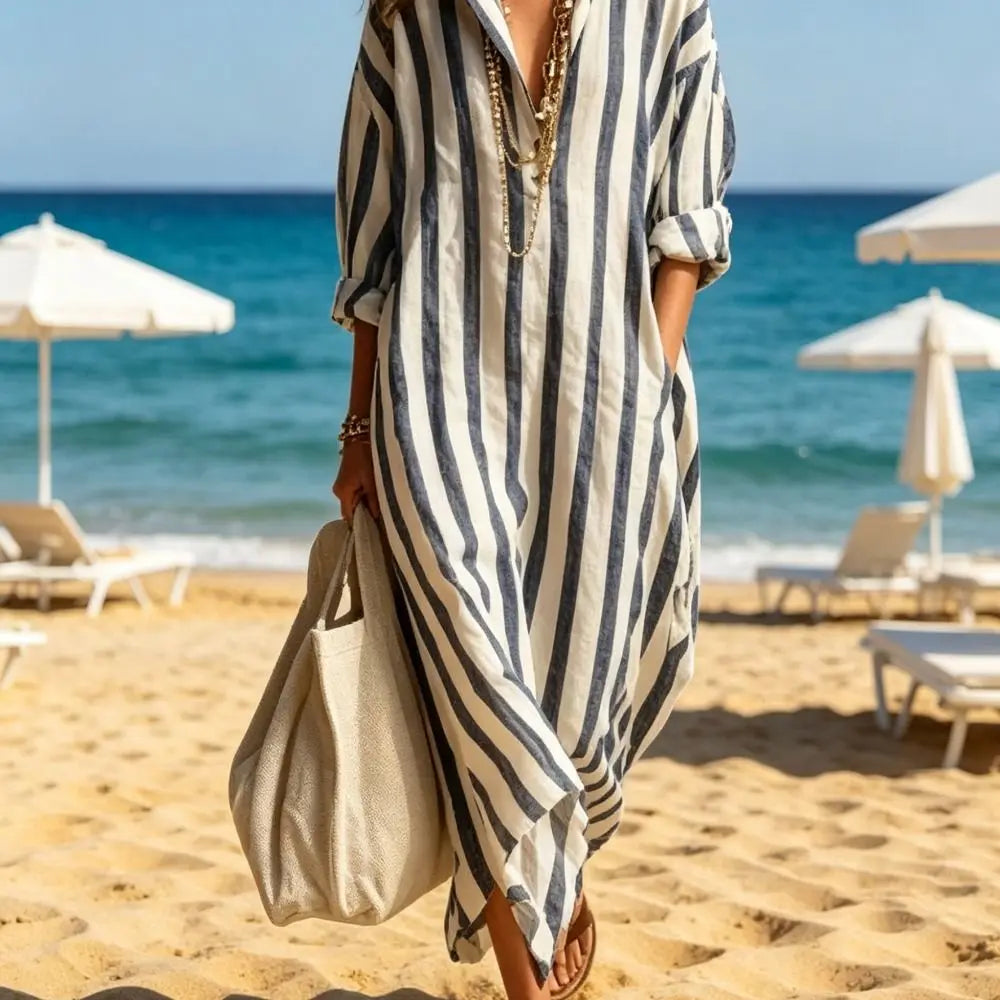 Novos Vestidos Listrados de Manga Longa, Vestido Camisa Solto com Decote em V, Saia Longa Boho para Mulheres, Primavera Verão