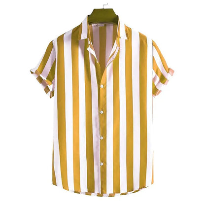 Listrado simples camisa masculina casual solto lapela cardigan topo tamanho grande camisa de manga curta masculina high-end confortável e simples