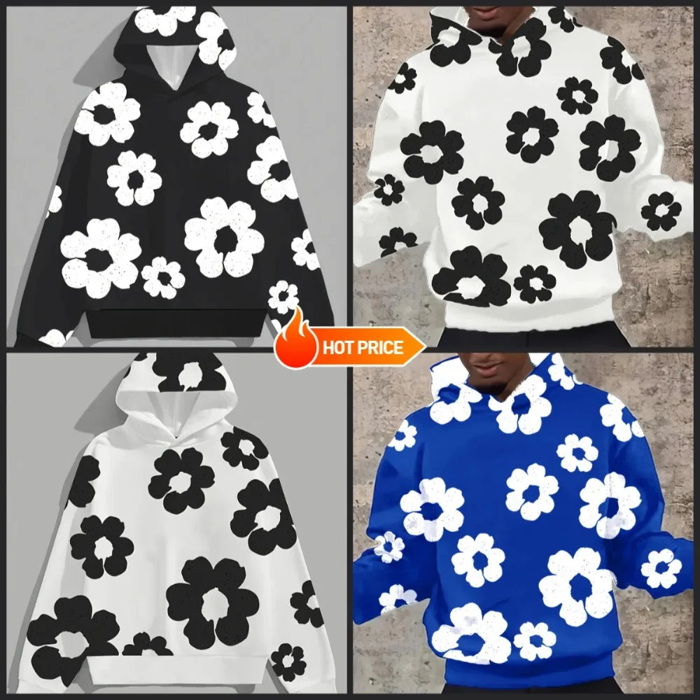 Men'S Casual Black Hoodie with White Floral Print Trendy Long Sleeve Pullover Regular Fit Slight Stretch Fabric Y2K Streetwear