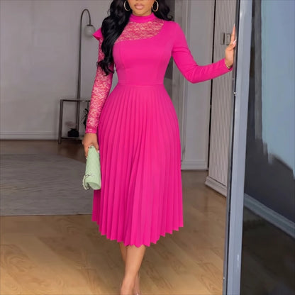 Rose Women A Line Pleated Dresses Half High Collar Patchwork Lace Long Sleeves Elegant Evening Church Party Wedding Guest Wear