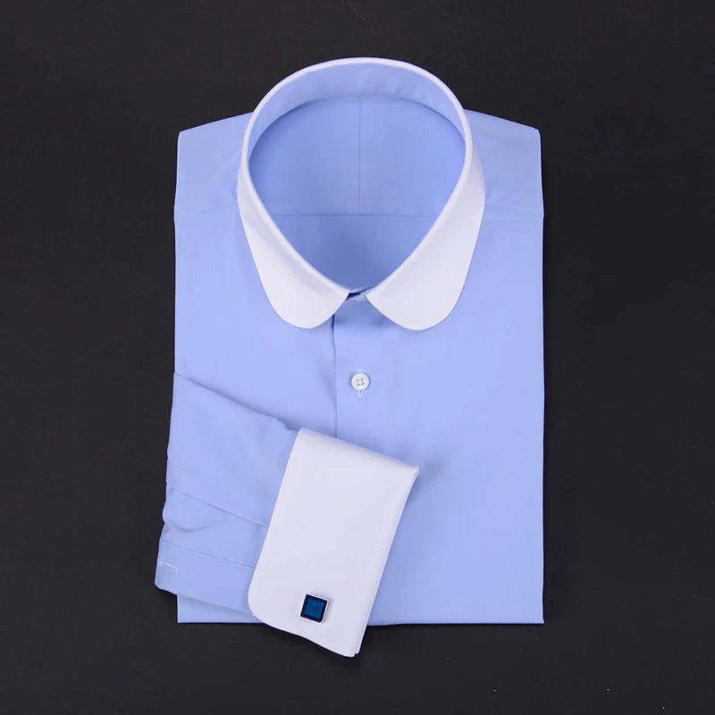Camisa masculina clássica com gola Eton, gola arredondada, manga comprida, 100% algodão, punho regular, branca, personalizada para homens.