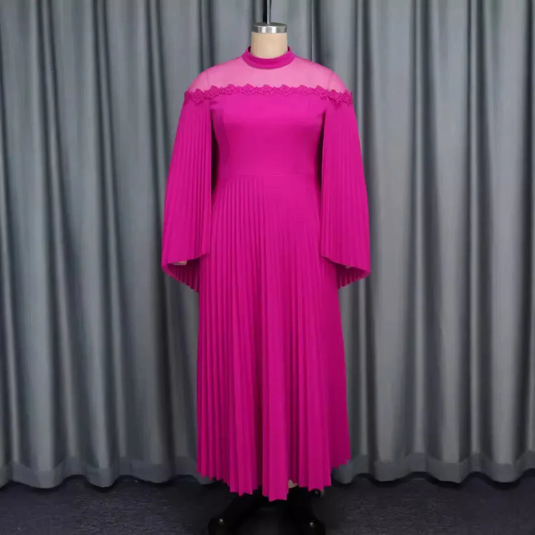 Personality Cape Sleeve See-through Collar Pleated Dress, Women's Spring and Autumn Fashion Solid Color Banquet Dress Vestidos