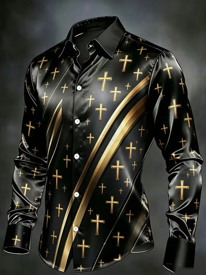 Nova Camisa Masculina de Manga Longa com Estampa Geométrica de Arquitetura do Deserto em Preto e Dourado, Top de Cetim Brilhante
