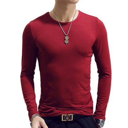 Camiseta masculina de manga comprida com estampa "Cultive a Moralidade" para a Primavera e o Outono, gola redonda, em poliéster liso, nas cores vermelho, azul e preto.