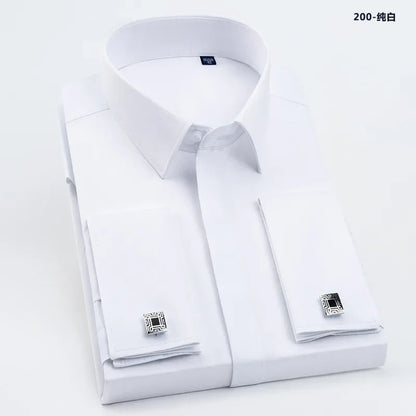 Qualidade masculina abotoaduras francesas camisa botão escondido camisa masculina manga longa casual fino ajuste manguito camisas de vestido (abotoaduras incluídas)