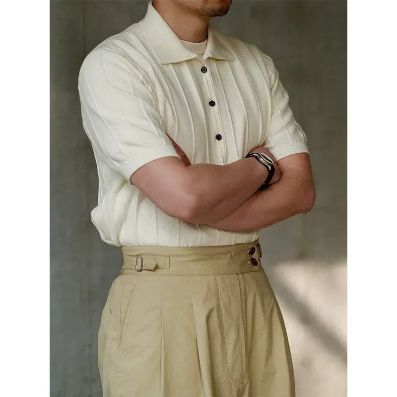 Camisa Polo Masculina de Verão 2026 em Seda Gelada, Manga Curta, Listrada, Lisa, de Malha, com Gola e Botões, Estilo Casual de Negócios