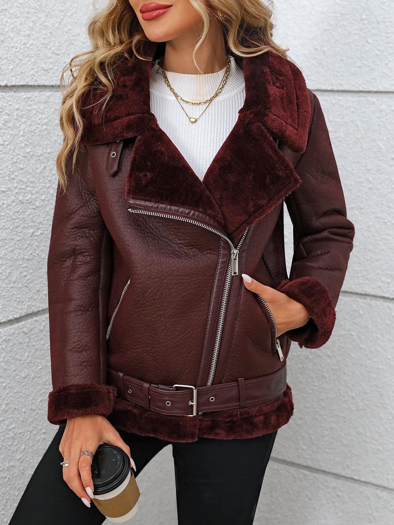 Fitaylor inverno feminino jaqueta de couro de pele do falso casual senhora grosso casaco de couro quente alta rua motocicleta outwear