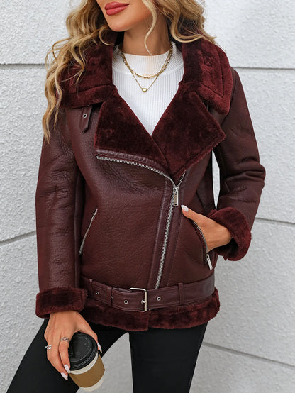 Fitaylor inverno feminino jaqueta de couro de pele do falso casual senhora grosso casaco de couro quente alta rua motocicleta outwear