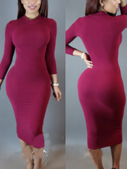 Vestido justo e elástico de cor sólida, sexy, feminino, com mangas compridas, cintura marcada, elegante para festas e baladas.