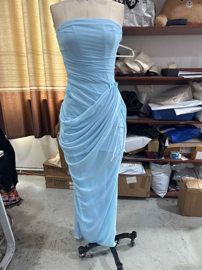 Vestido Maxi Elegante Liso com Decote Halter e Pregas, Decote V Profundo, Sem Mangas, Franzido, com Fenda Alta, para Mulheres,  Vestidos de Festa Noturna