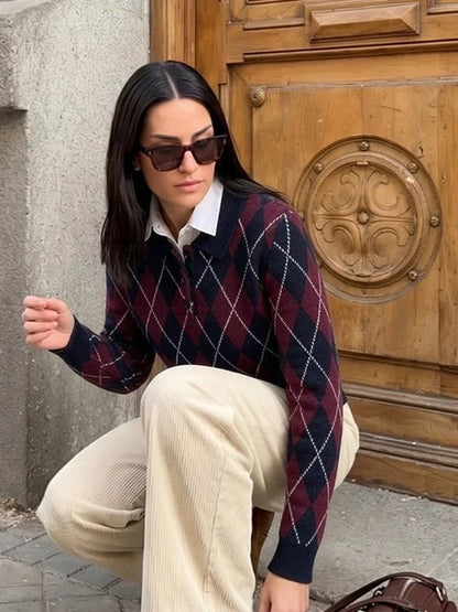 Suéter Feminino de Tricô Argyle para Outono/Inverno, Pulôver Casual Quente com Botões e Manga Longa
