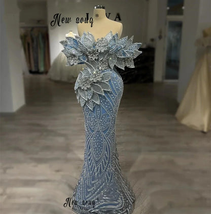 Luxuosos Vestidos de Baile Novos, Vestido Sereia Azul Ombro a Ombro Personalizado Dubai com Renda 3D de Folhas, Vestidos de Convidada de Casamento e Noivado