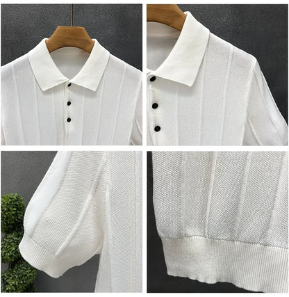 Suéter masculino de gola alta canelada - Camisa casual folgada de primavera com botões - Pulôver simples de cor única - Estilo aconchegante e moderno