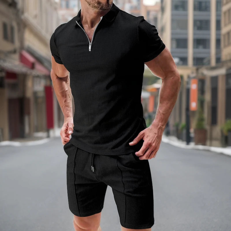 Verão masculino esportes polo terno de manga curta elegante zíper camisa polo e shorts conjunto masculino casual streetwear 2 peças lazer esportes conjunto