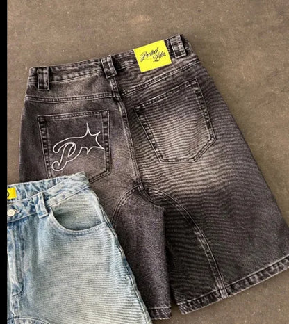 Vintage y2k homens mulheres harajuku calças de brim curtas lavadas bordado americano retro homem denim shorts verão solto hip hop streetwear