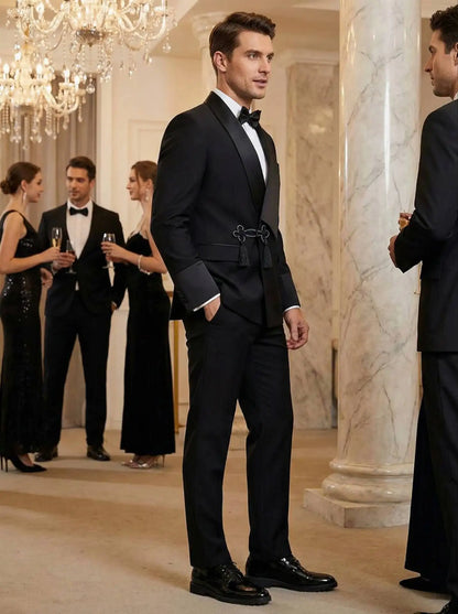 Terno Slim Fit Moderno Masculino com Gola Xale e Borlas, Conjunto de Casamento de Alta Qualidade para Noivos, Jaqueta e Calça de Duas Peças