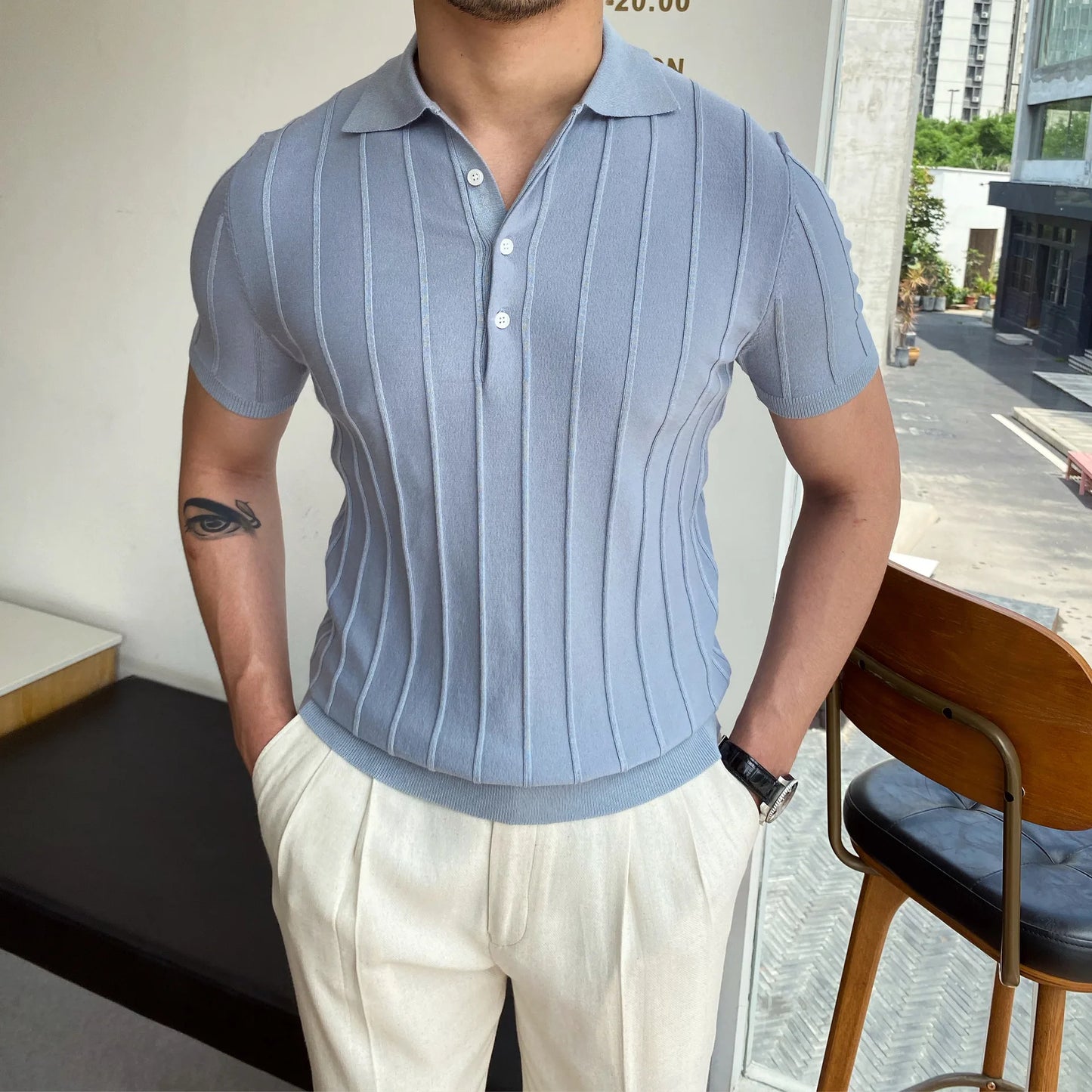 Camisa polo de manga curta de malha masculina, blusa casual de negócios, polo Slim Fit, primavera verão, camiseta listrada moda, camiseta com gola polo, malhas