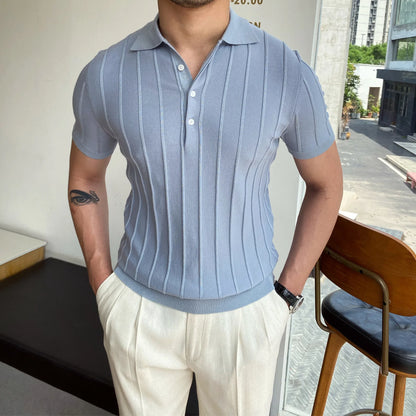 Camisa polo de manga curta de malha masculina, blusa casual de negócios, polo Slim Fit, primavera verão, camiseta listrada moda, camiseta com gola polo, malhas