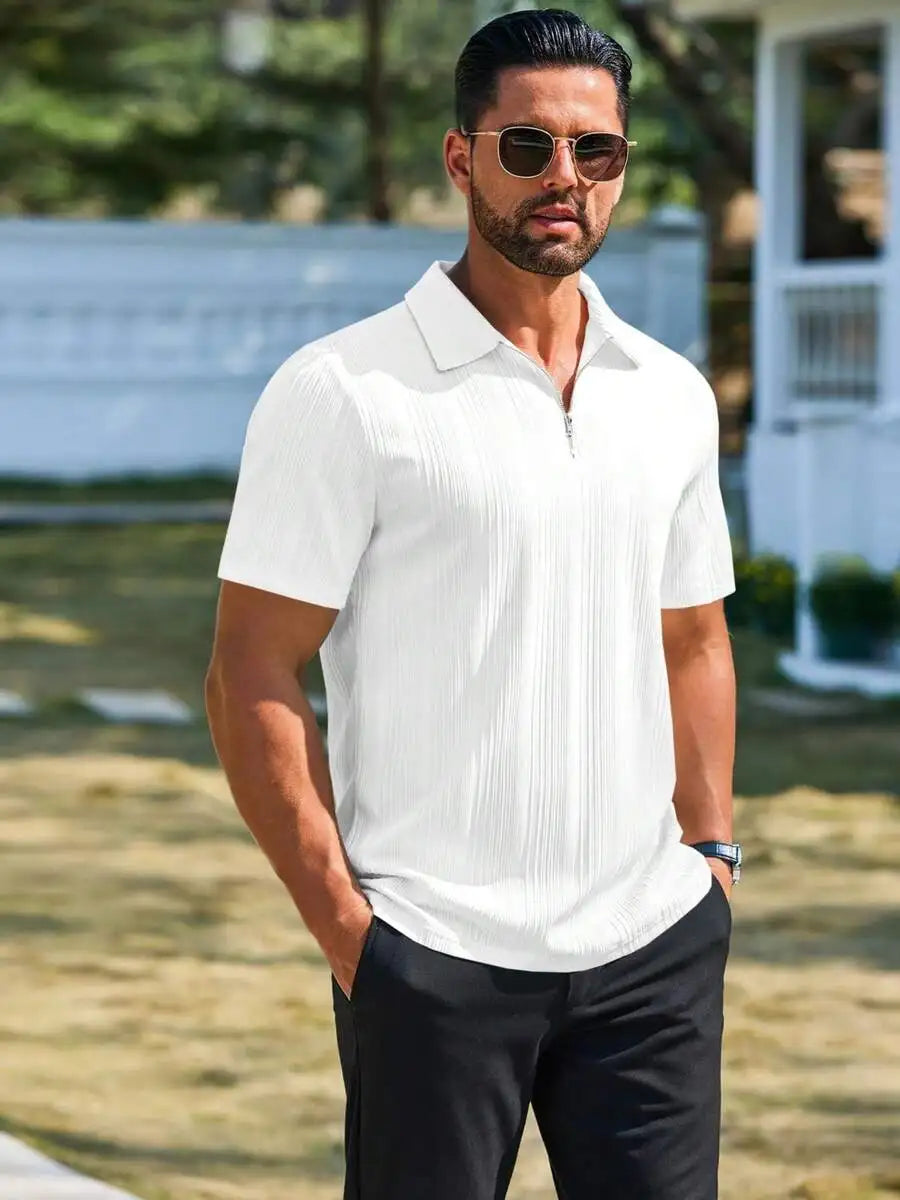 Camisa Masculina com Zíper Frontal, Malha Texturizada, Manga Curta, Casual, Leve, para Golfe