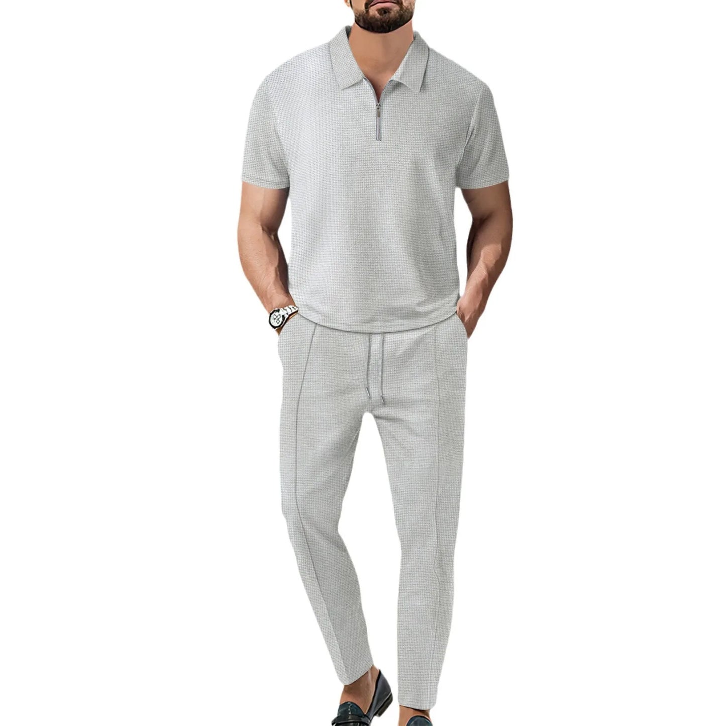 Verão masculino esportes polo terno de manga curta elegante zíper camisa polo e shorts conjunto masculino casual streetwear 2 peças lazer esportes conjunto