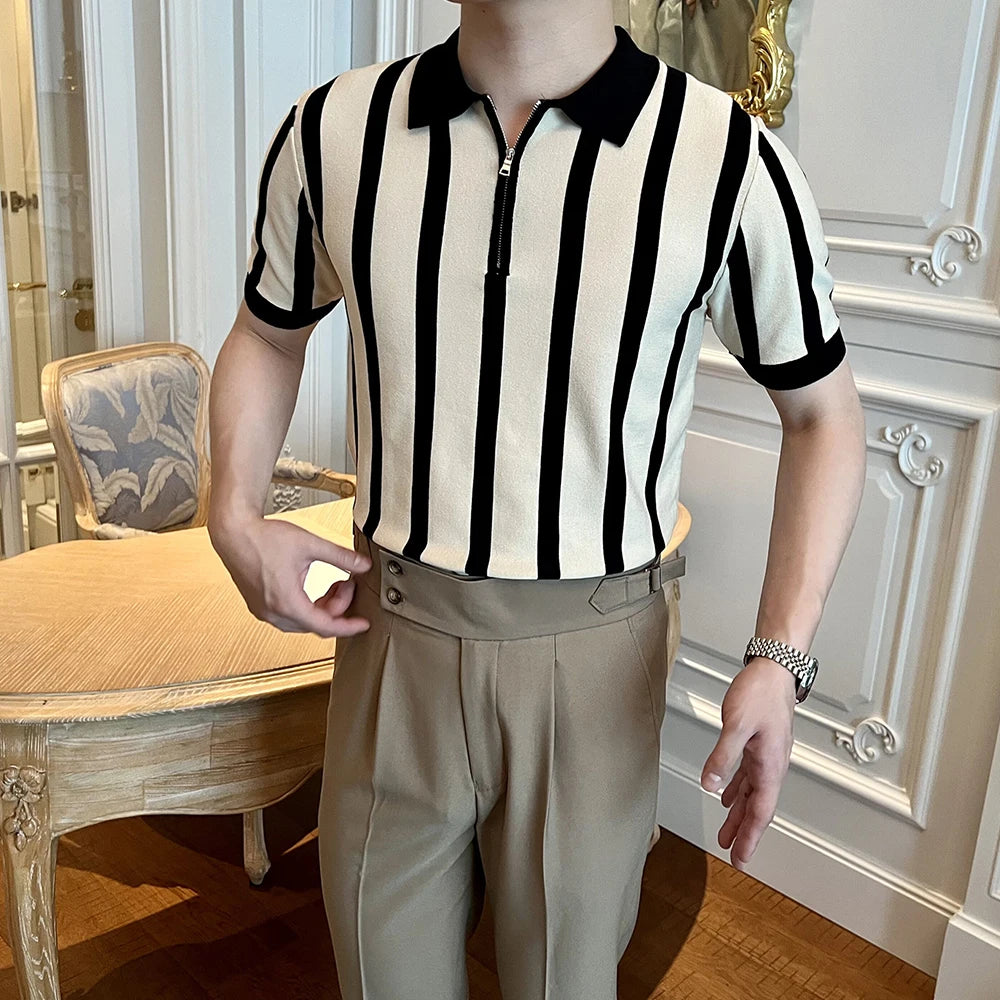 Men's Clothing Leisure Light Luxury Knitted Polo Shirt Korean Striped Zipper Short Sleeve Retro Breathable Fashion Knitwear Tees