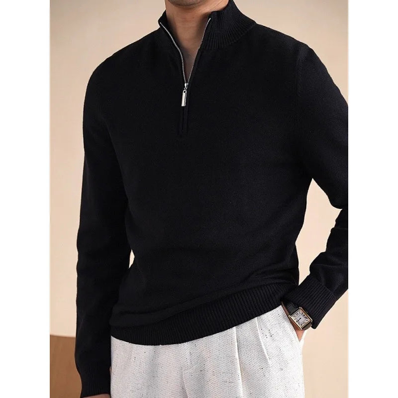 Camiseta Masculina Slim Fit de Manga Longa em Tricô com Gola Alta Estilo Casual para Outono e Inverno em Cor Sólida e Anti-Bolinhas