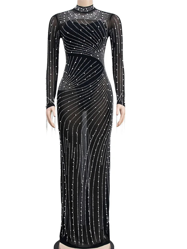 Beyprern-Vestido feminino de malha strass, vestido com franjas, roupas de cristal, vestidos glam, lindas pérolas, festa em malha