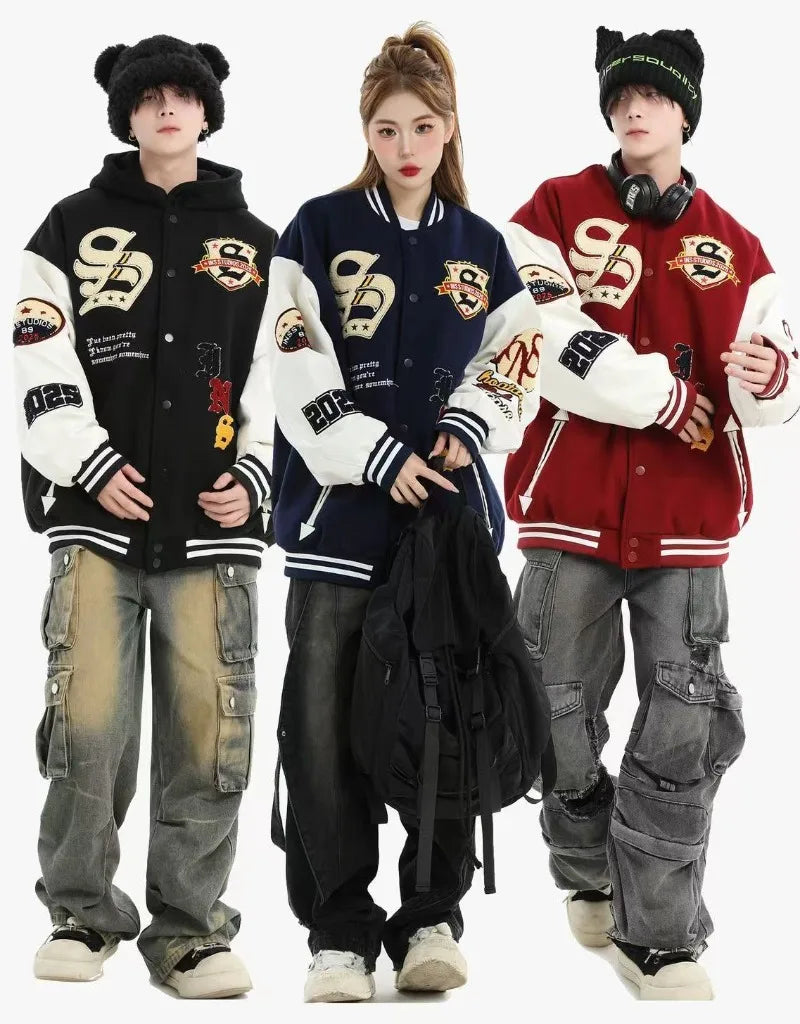 Jaquetas Varsity Bordadas Masculinas com Mangas em PU, Jaquetas Bomber Vintage Femininas, Moda Streetwear Americana Unissex