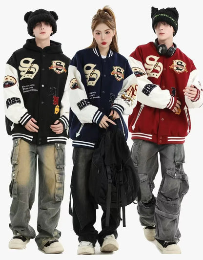 Jaquetas Varsity Bordadas Masculinas com Mangas em PU, Jaquetas Bomber Vintage Femininas, Moda Streetwear Americana Unissex
