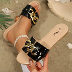 Sapatos femininos - Chinelos de dedo de novo estilo, elegantes e versáteis, cor sólida, detalhes em metal, bico redondo, sandálias de sola plana.