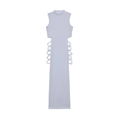 Vestido das mulheres Criss Cross recortado, Bodycon sexy, pescoço simulado, sem mangas, roupas femininas
