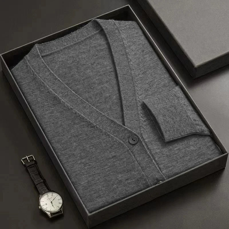Cardigã Masculino Novo de Tricô com Gola V, Manga Longa, Abotoado, Cor Sólida, Leve, Grosso e Quente para Inverno